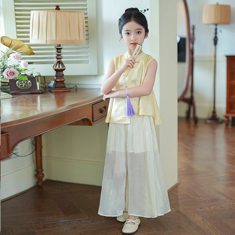 D258110女童夏季套装新中式国风汉服2025夏季新款盘扣唐装两件套