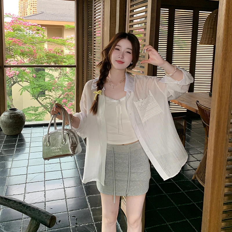 白色薄款衬衫女夏季2025年新款蕾丝口袋长袖透气设计感防晒上衣