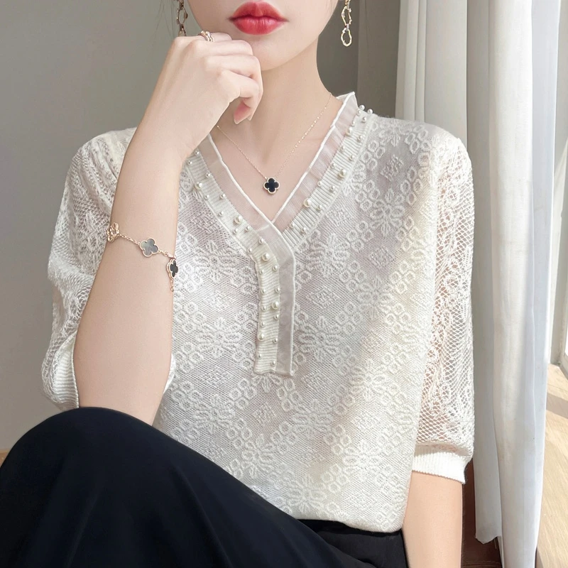 恒源祥彩羊妈妈装气质年花边领韩版百搭提花V领短袖宽松女显瘦上