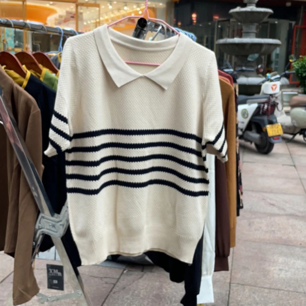 短袖条纹POLO领夏季短款毛针织衫时尚女装休闲