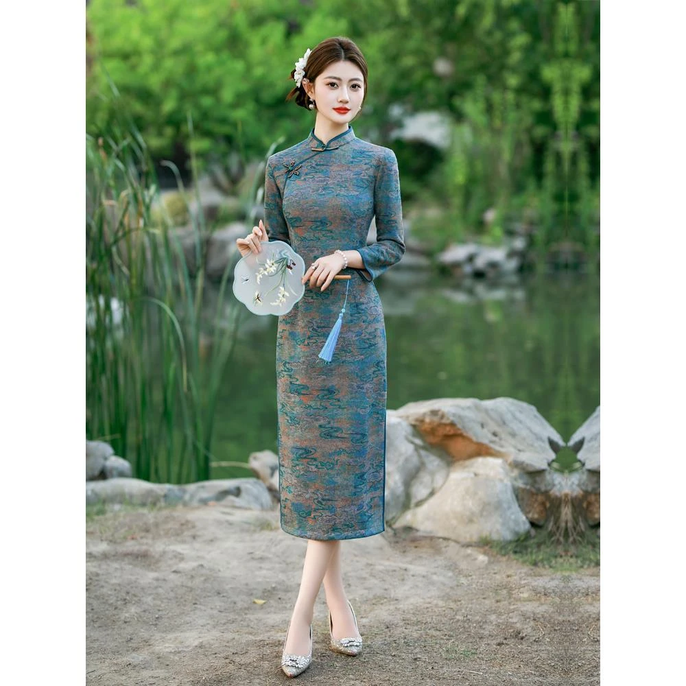 长袖旗袍新中式秋冬季妈妈改良连衣裙年轻款日常穿保暖礼服中国风