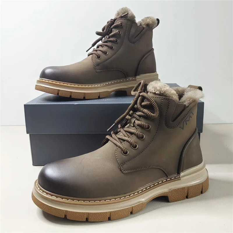 25A5冬季东北大棉鞋男士雪地靴增高工装靴高帮圆头防水真皮羊毛男