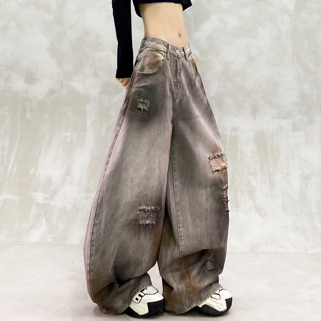 帅气扎染色假破洞休闲牛仔弯刀裤女秋新款高腰宽松显瘦百搭香蕉裤