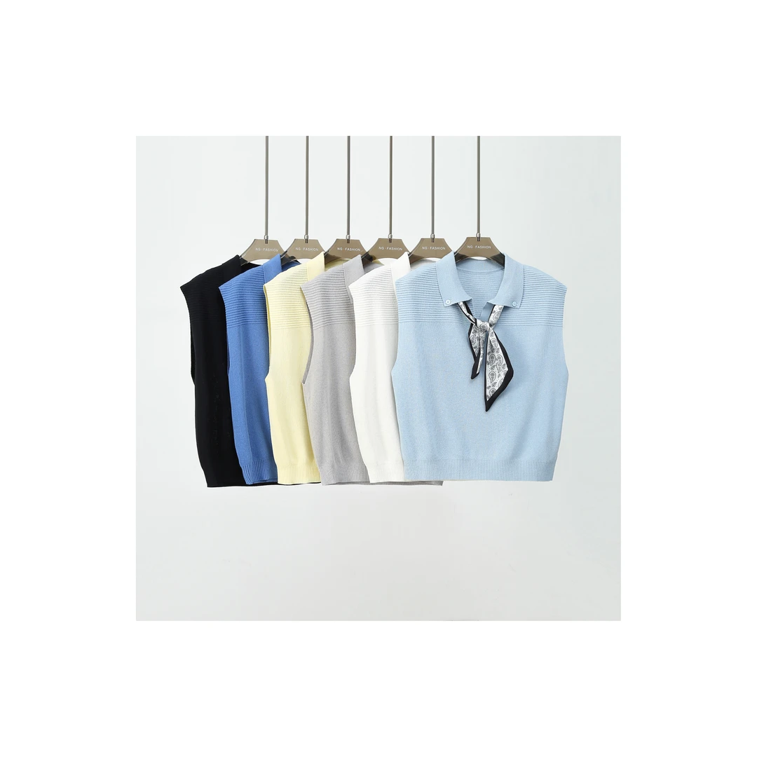 莱赛尔+亚麻 时尚百搭无袖翻领夏季女毛针织衫马甲 428-27131