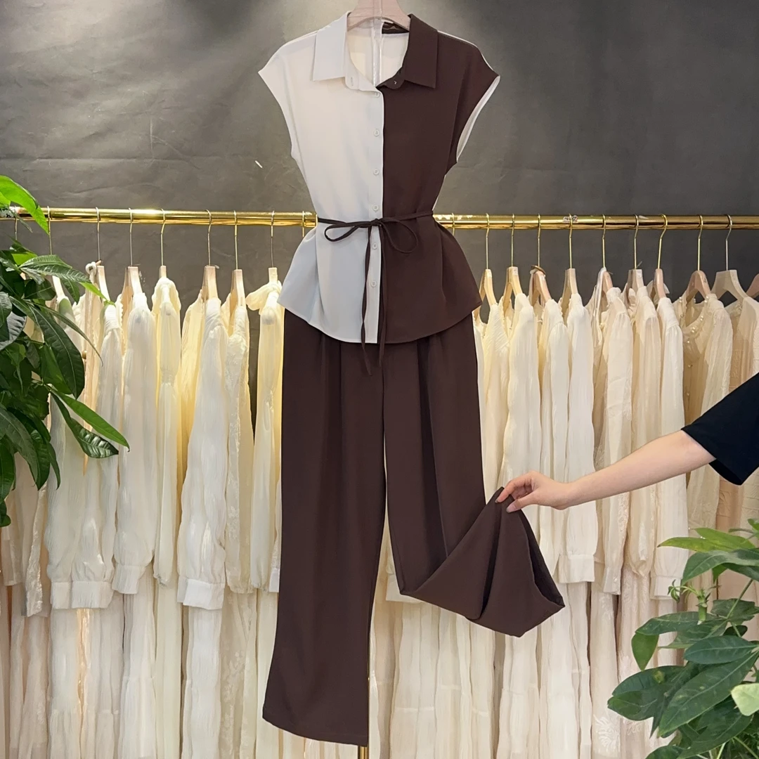 X7032 时尚撞色上衣直筒裤两件套夏季新款时时尚套装