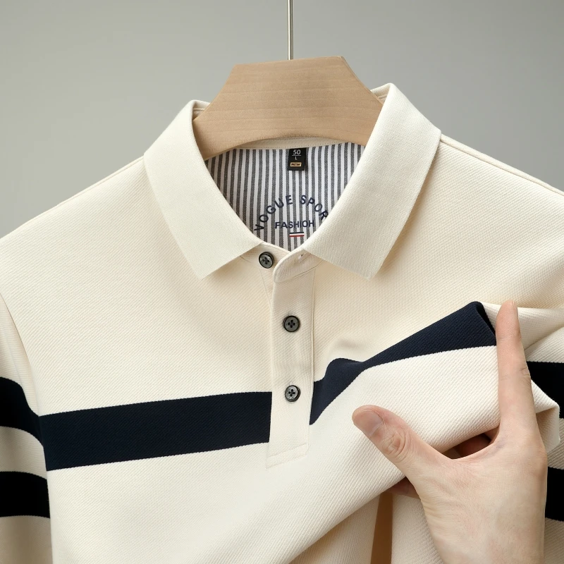 战马保罗秋季男士上衣翻领长袖宽松型男条纹夏季Polo衫t恤长袖款