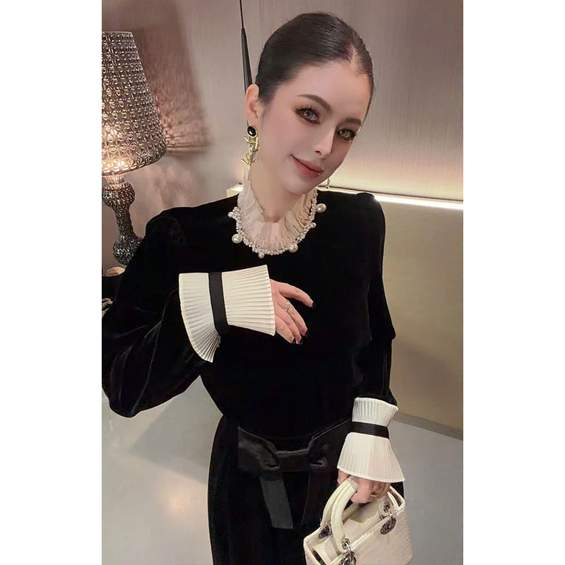 （不串色）重工半高领丝绒长袖衬衫上衣CS31496