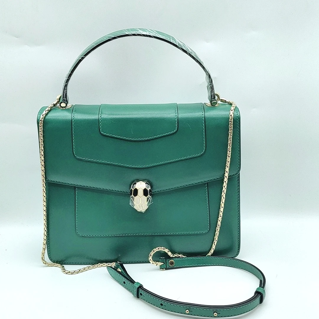 95新 BVLGARI/宝格丽 绿色蛇头链条包1407 7445