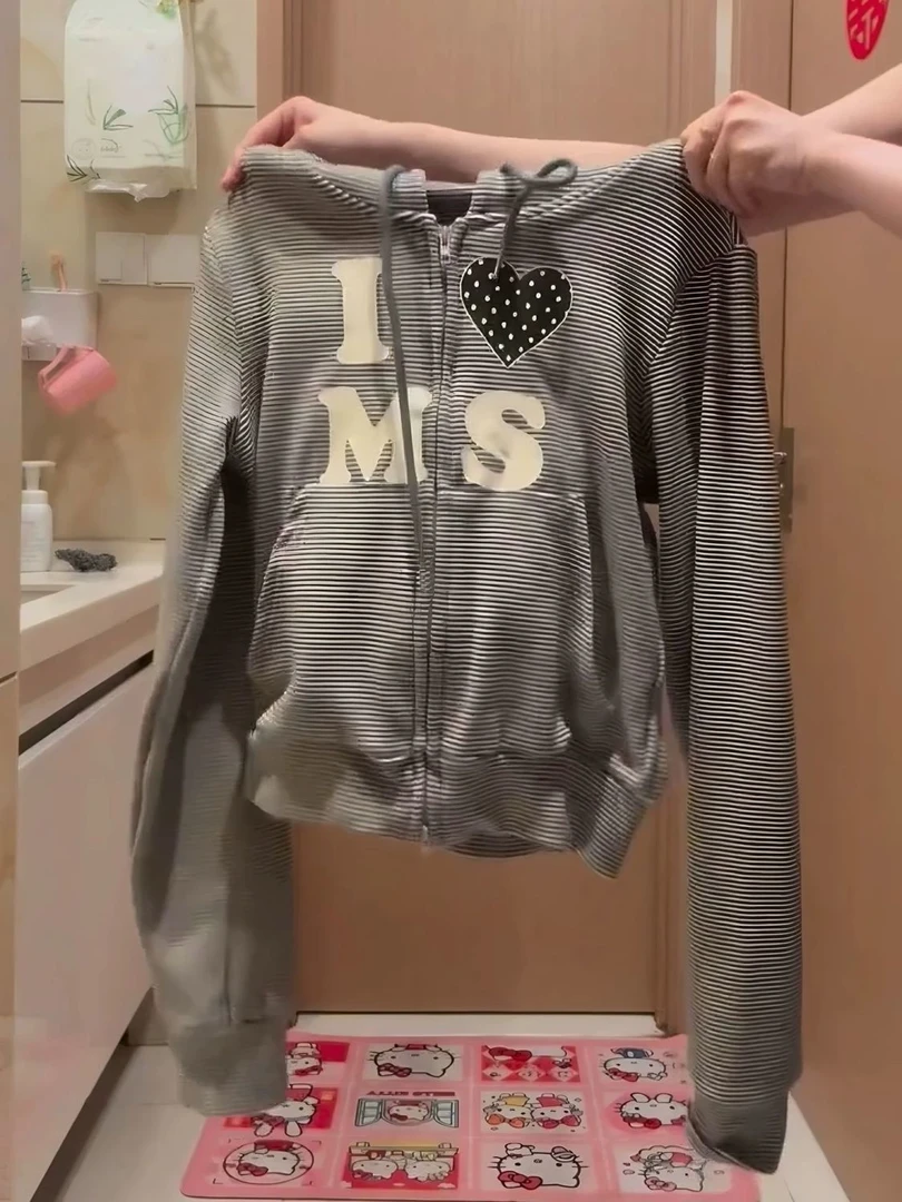 美式高街爱心印花连帽卫衣女春秋甜酷风穿搭宽松拉链开衫短款外套