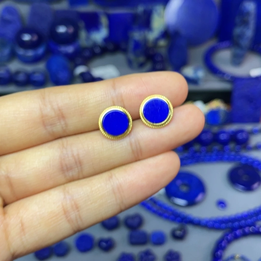 青金石银S925镀金镶嵌10mm耳饰