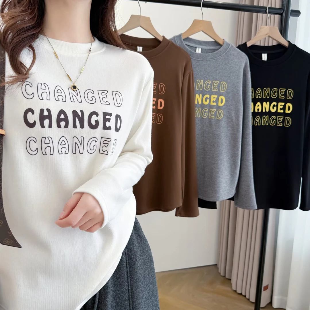 大码女装胖mm秋冬季圆领字母印花宽松显瘦加厚长袖T恤打底衫上衣