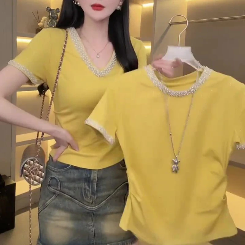 设计感重工钉珠亮片短袖T恤女夏季洋气减龄体恤气质休闲显瘦上衣