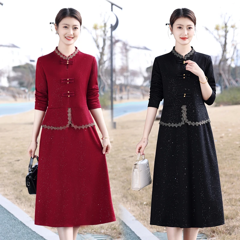 新中式假两件盘扣连衣裙女装春秋新款国风改良红色旗袍中长款裙子
