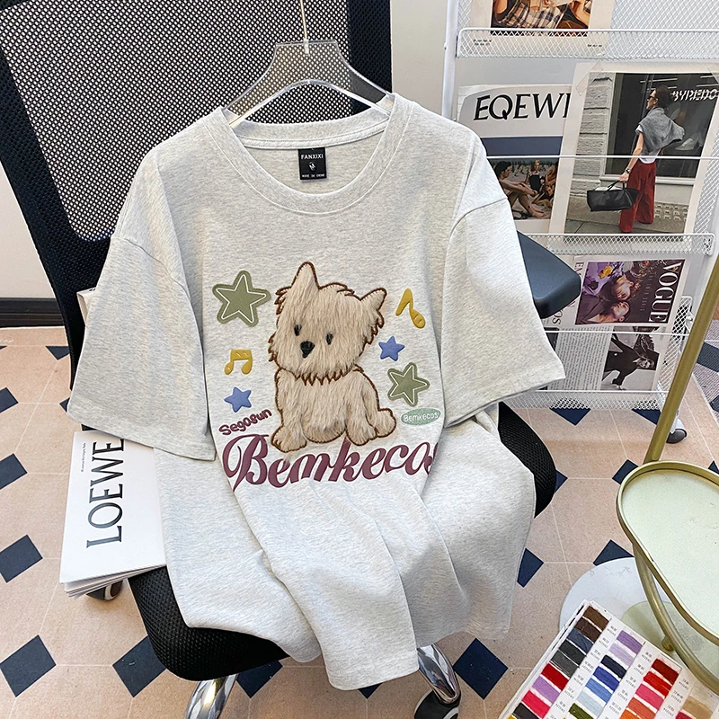 纯棉刺绣圆领短袖t恤夏季打底衫女2025新款小众宽松大码半袖上衣