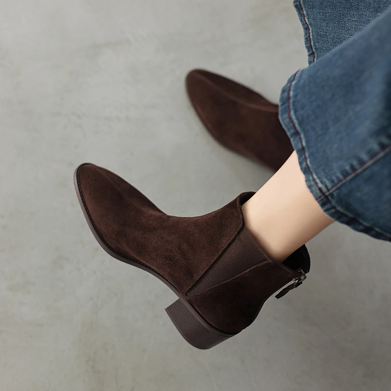 5CM-牛皮切尔西靴后拉链中跟复古棕色瘦瘦靴加绒百搭通勤靴时装靴