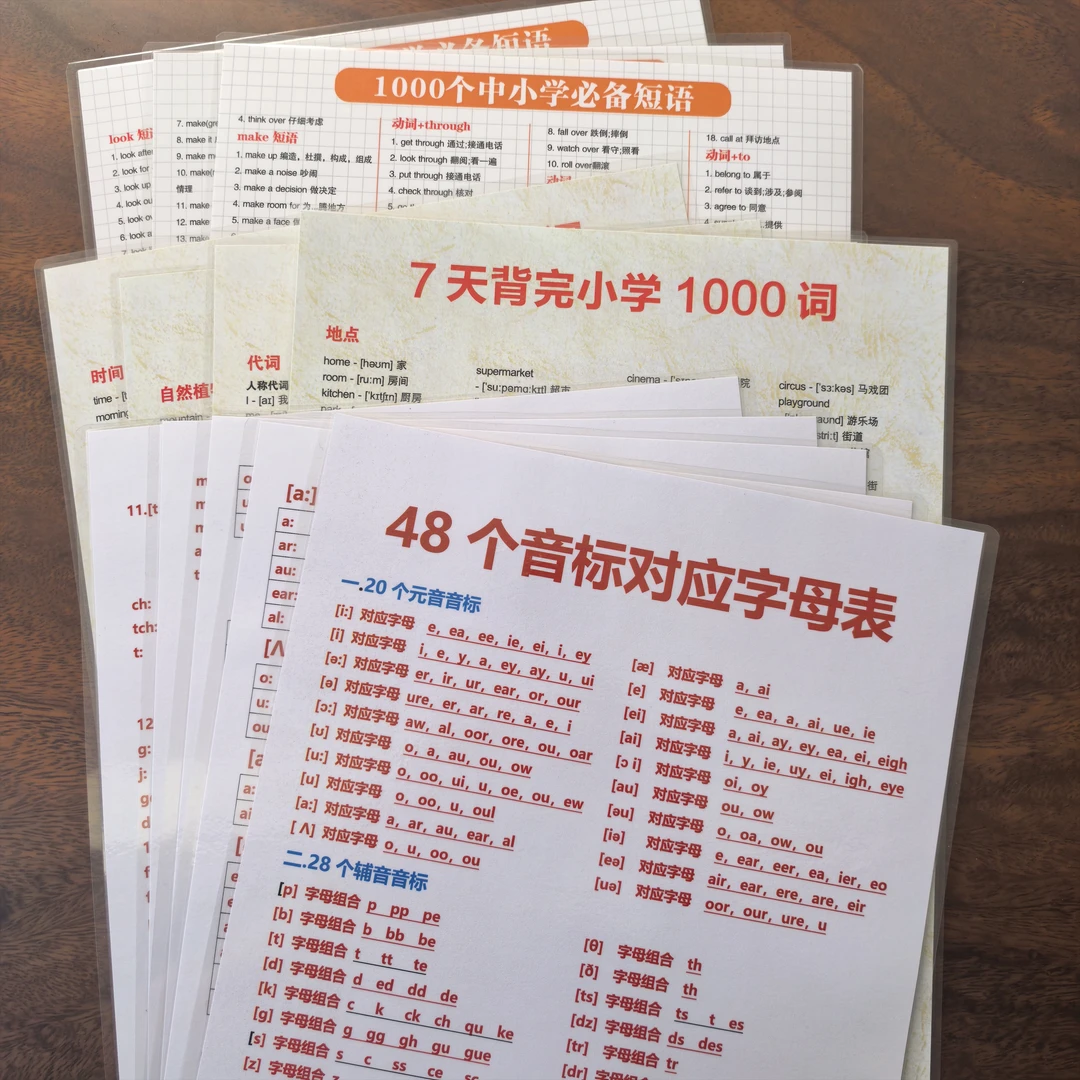 小学英语必背1000个词48个音标完整版A4塑封反复背诵单词表带音标