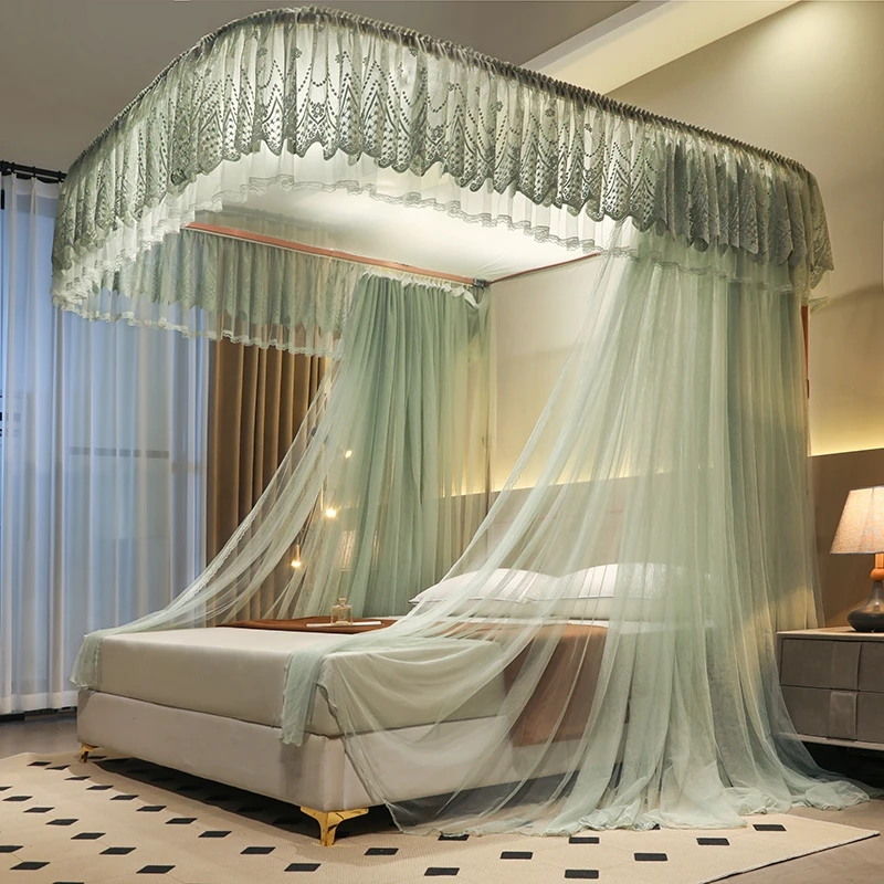 家用卧室加厚防蚊公主风三开门时尚巴黎蕾丝多层花边导轨蚊帐百