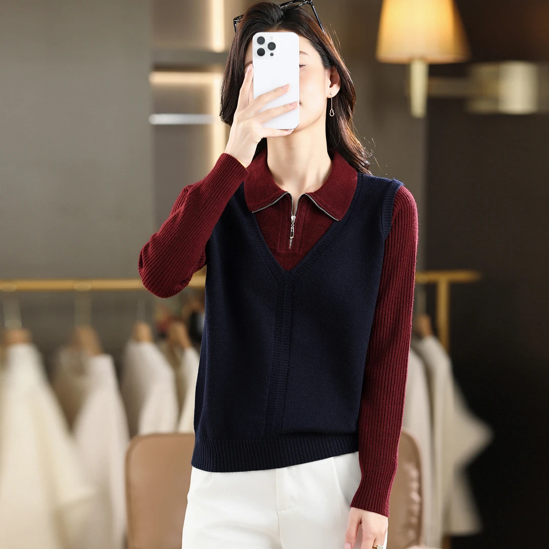 假两件polo领拼接毛衣女士秋冬2025新款翻领时尚红色针织打底衫
