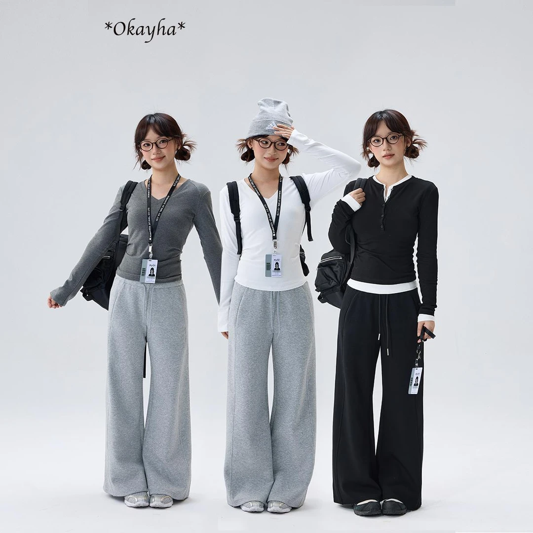 Okayha 美式休闲纽扣V领修身打底衫长袖上衣显瘦收腰