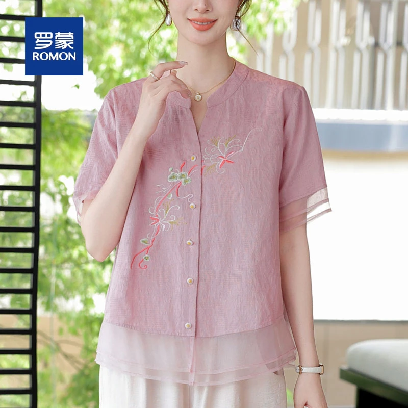 罗蒙2025新款妈妈夏装短袖衬衫上衣套装时尚中老年气质刺绣小衫女