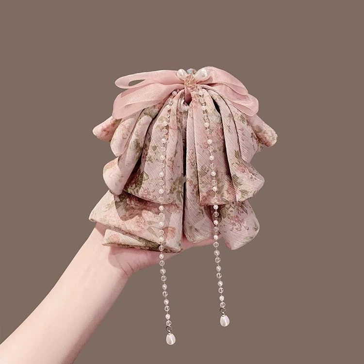 大蝴蝶结飘带抓夹时尚感发夹女后脑勺鲨鱼夹子夏日碎花高马尾发卡