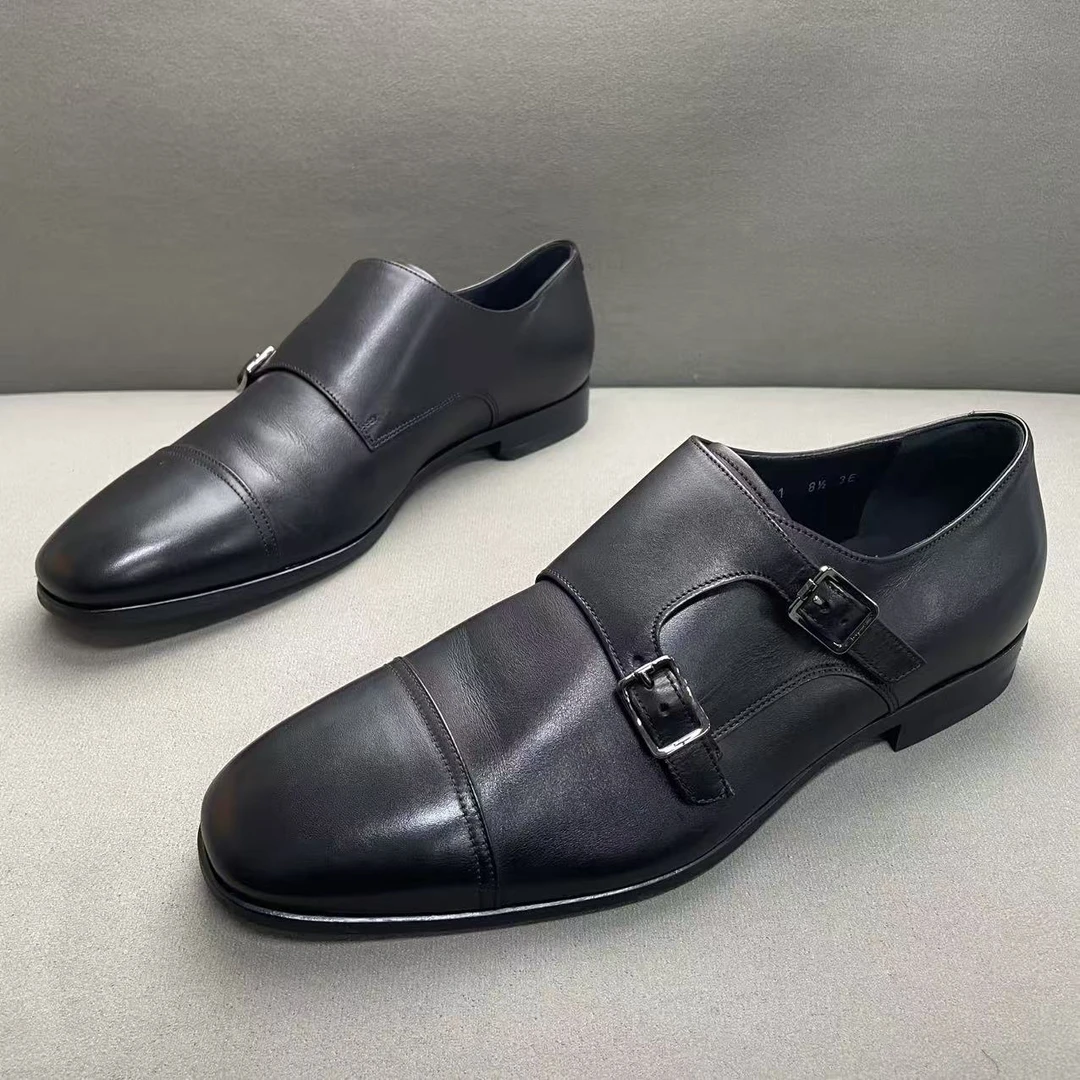 未使用 FERRAGAMO/菲拉格慕 黑色双扣英伦风尖头皮鞋 42.5码