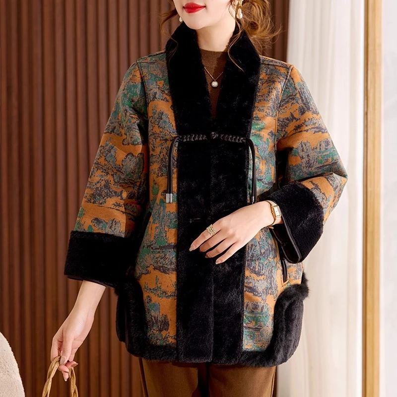 时尚风宽松型时尚口袋中老年女装加厚皮毛一体纽扣冬季中式秋冬