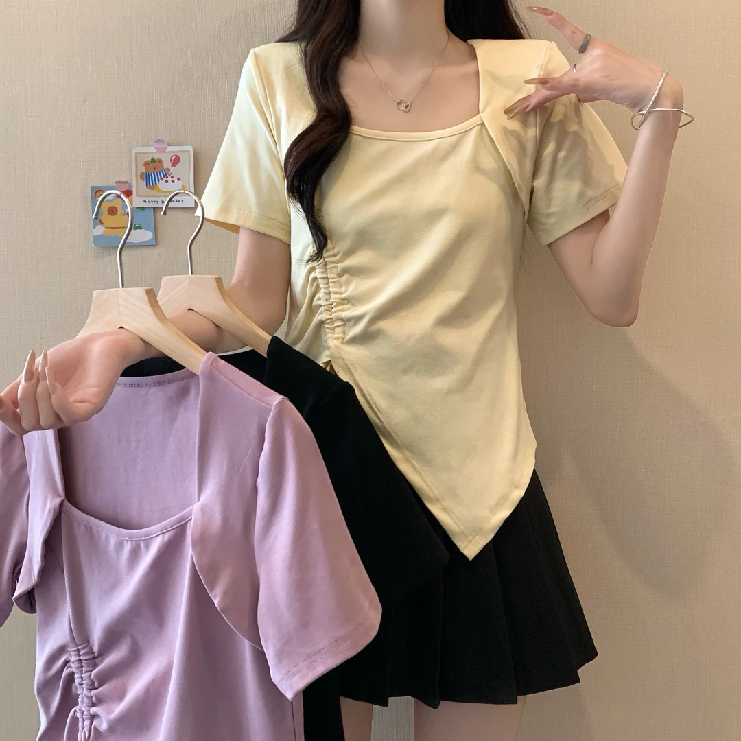 【wy】2025大码女装新款设计感开叉女装t恤正肩T恤短修身显瘦3221