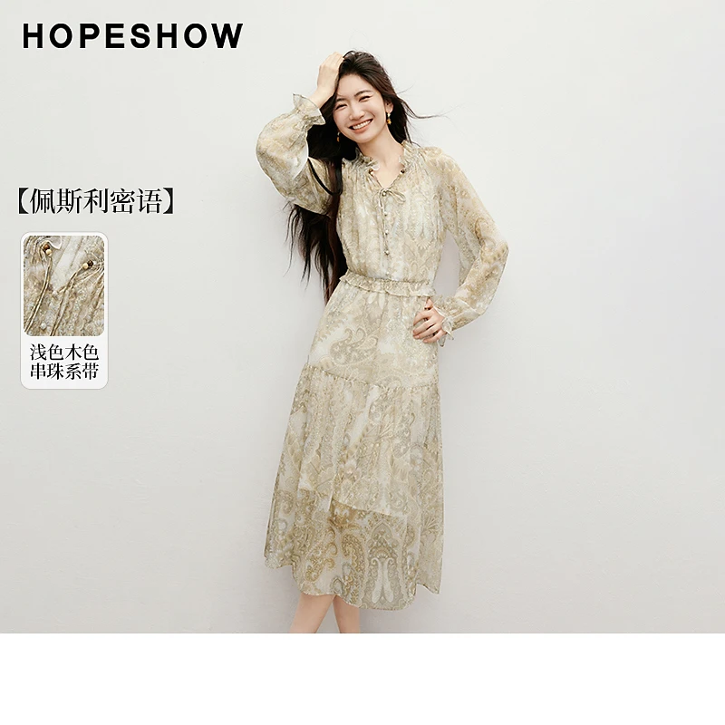 红袖2025秋女装 【佩斯利密语】印花串珠系带连衣裙90125251602