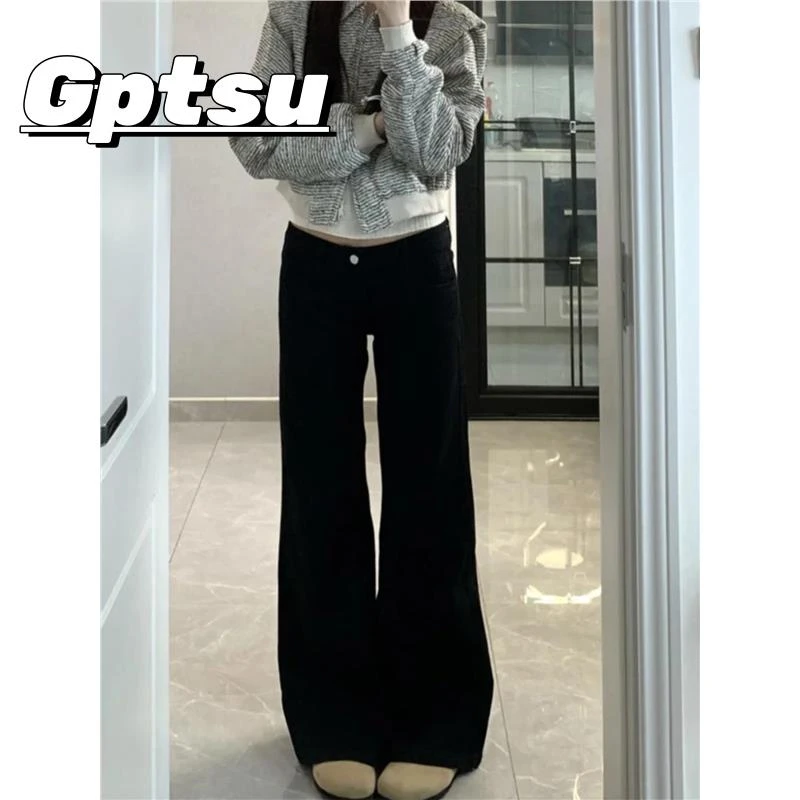 GPTSu大码黑色马蹄牛仔裤女秋冬款胖mm梨型身材显瘦加绒微喇裤子