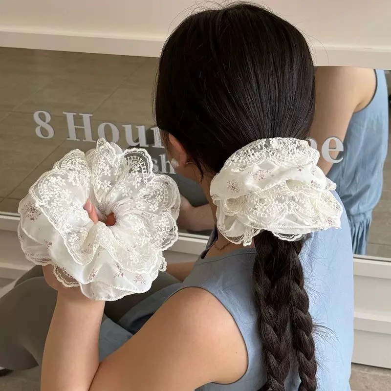 韩系温柔甜美粉色小碎花蕾丝四层大肠发圈仙气少女感大号头花发绳