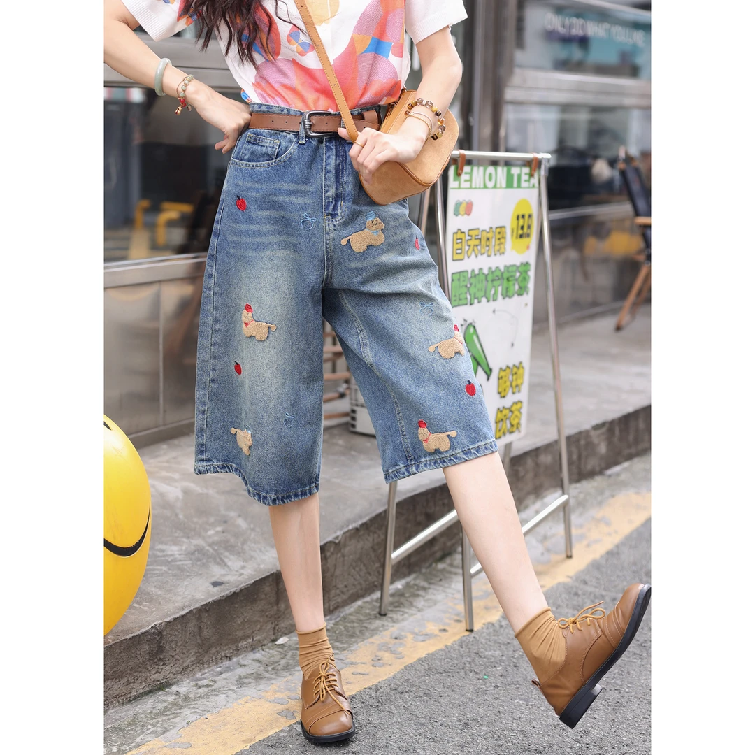 陈大器【小狗伴行】港风复古休闲高腰百搭七分牛仔裤子女JC1988637