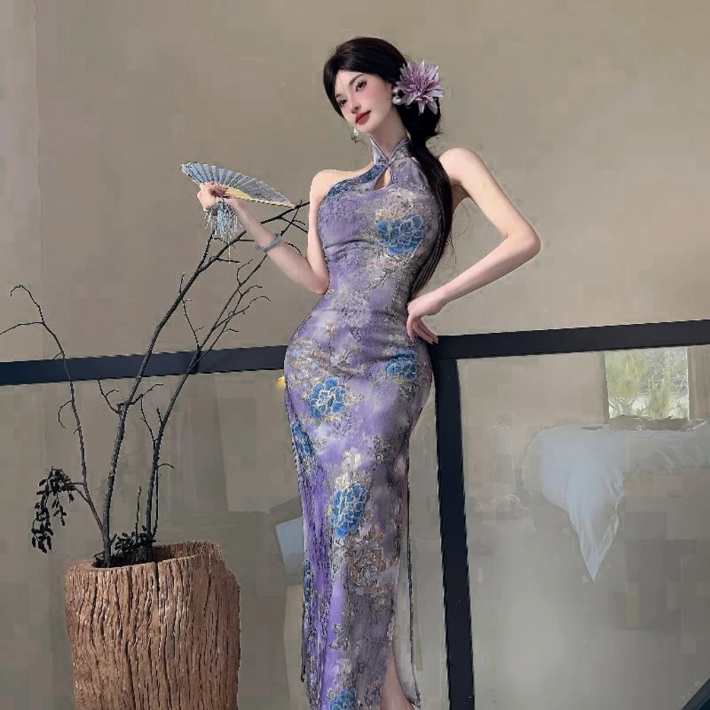 【暮山紫】紫色提花烫金挖肩挂脖新中式修身旗袍领长裙性感旗袍