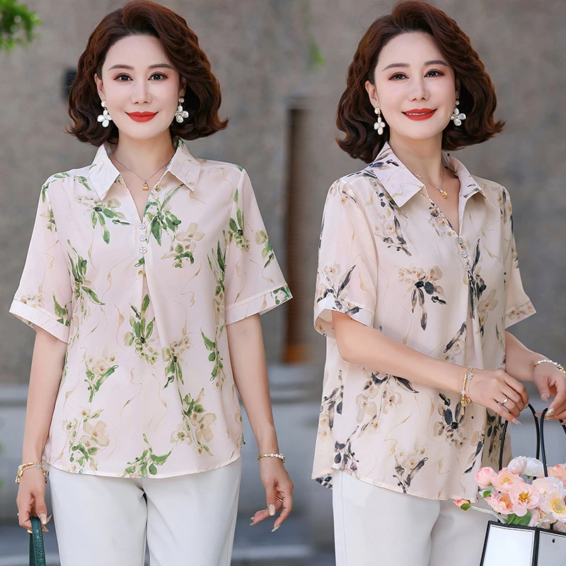 夏季妈妈遮肉短袖上衣夏装新款衬衫时尚中老年减龄洋气小衫宽松