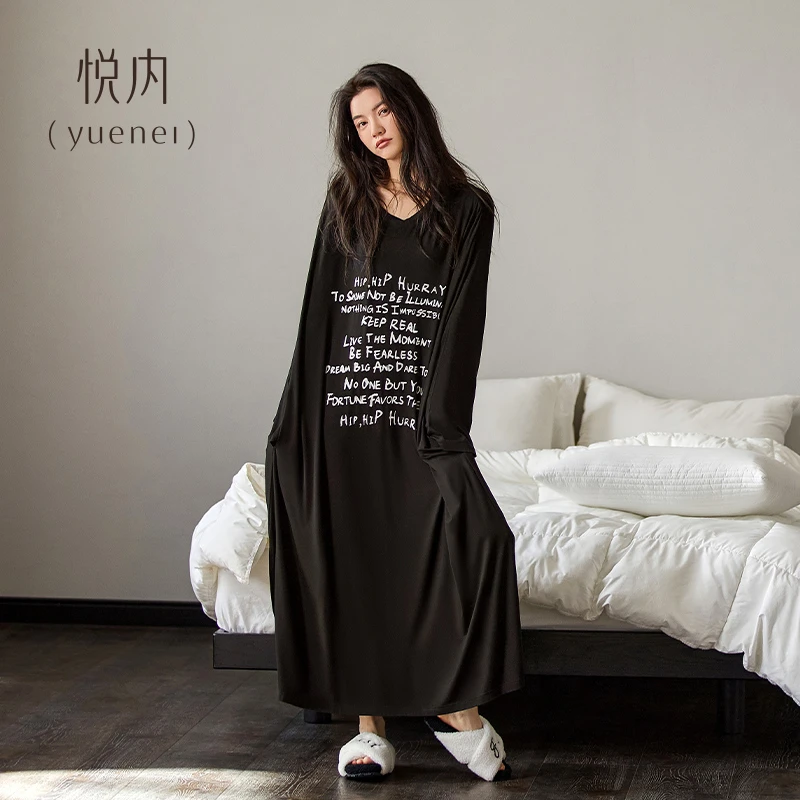 悦内睡裙女士睡衣长袖纯棉莫代尔宽松加大码黑色加长款长裙夏季