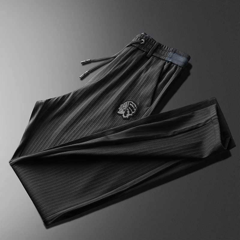 希敦纽勒休闲裤男中年夏季弹力宽松直筒速干透气条纹长裤空调裤子