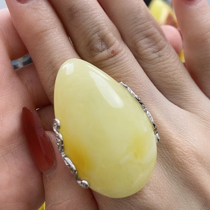 琥珀戒指银S925镶嵌戒指