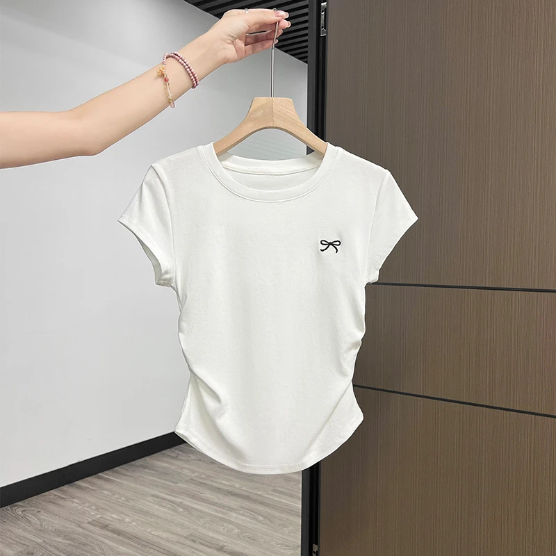 纯色大码女夏季褶皱设计感短款上衣圆领小个子显瘦遮肚子棉T恤ins