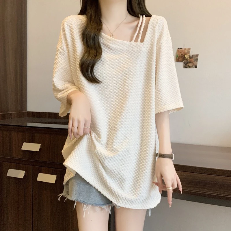 2025夏新款慵懒风中长款露肩短袖体恤女胖遮肚显瘦设计感宽松上衣