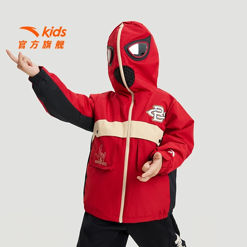 安踏儿童男小童运动上衣2024冬新款时尚儿童蜘蛛侠防水连帽薄外套