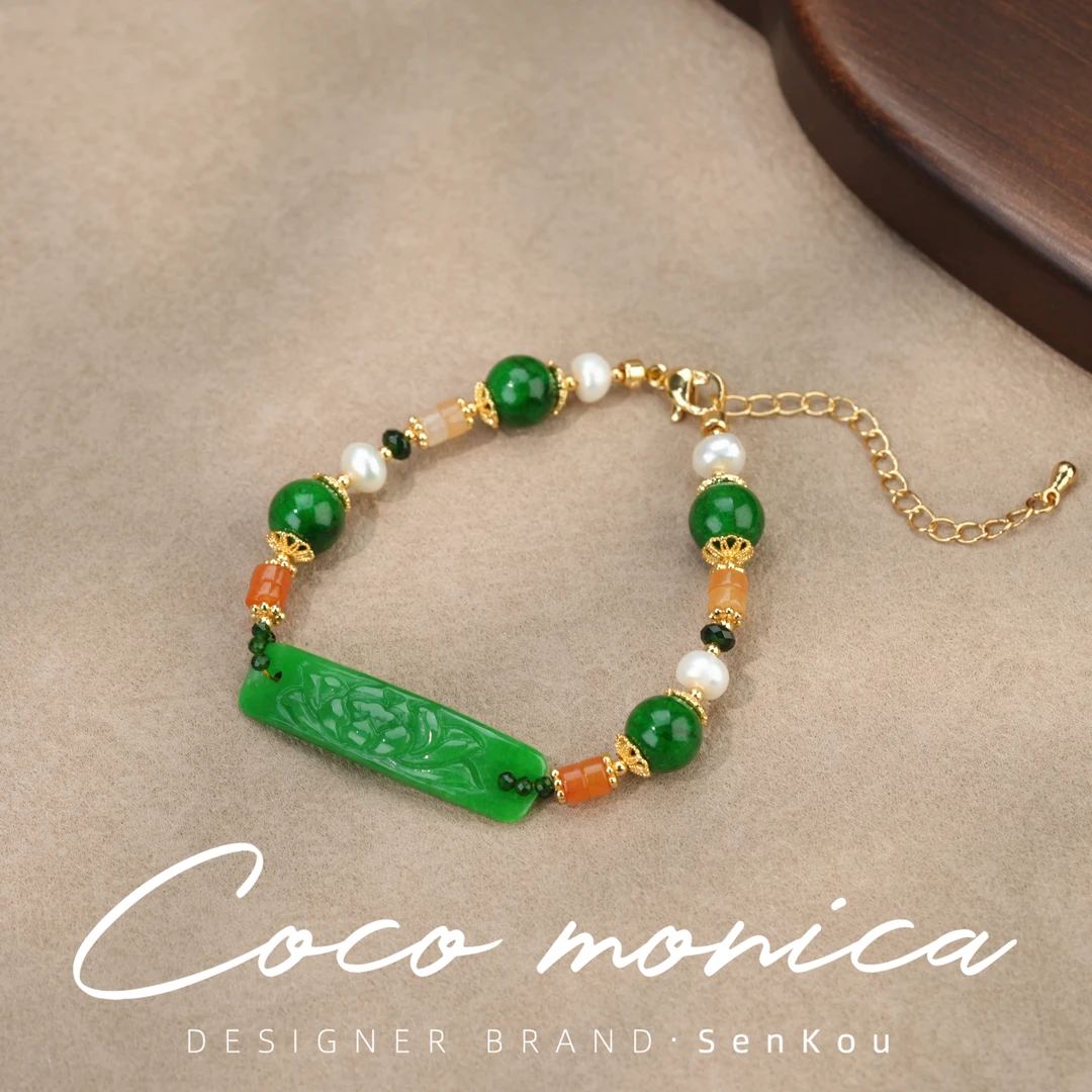 【小霞珠宝】绿翡翠珍珠手链古风古法民族风时尚单圈AS104