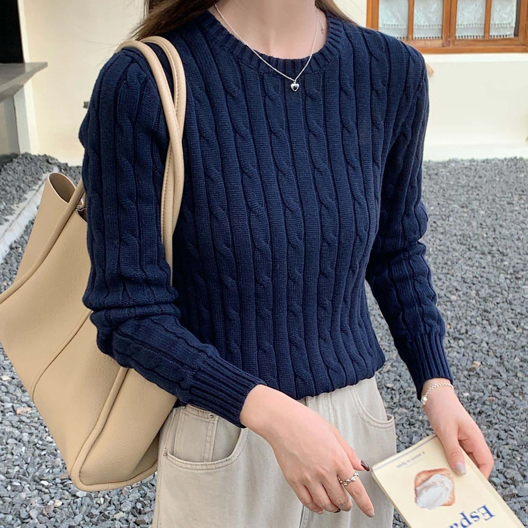 新款纯棉圆领修身版小马绞花针织衫毛衣