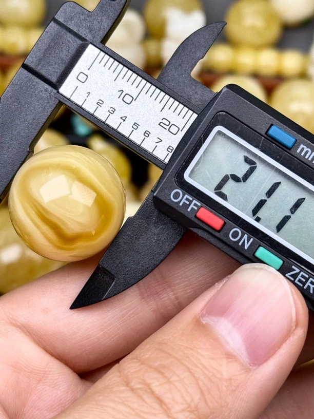 21.1mm俄料国矿一级料浓瓷白妖孽虎皮纹千层雪橘底金溶洞蜜蜡圆珠