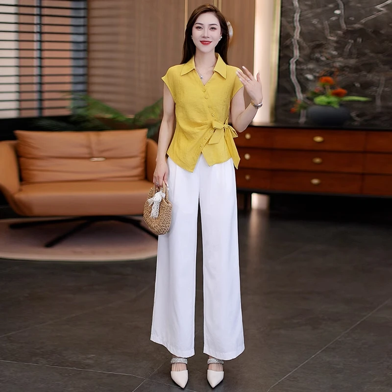 拉夏贝尔时尚套装女2025年夏季新款显瘦收腰短袖衬衫阔腿裤两件套