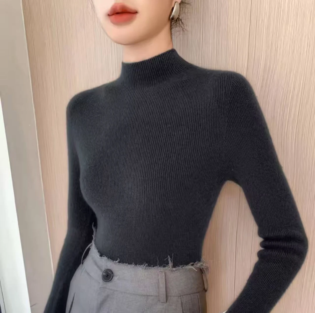 【一线成衣】女羊毛抽条半高优雅软糯打底毛衣高领毛刺绣新中式