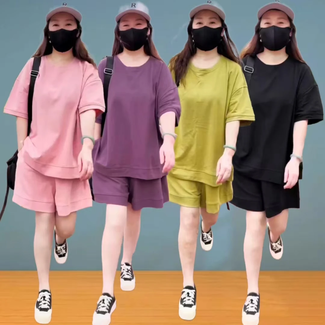 韩版百搭休闲洋气纯色简约圆领半袖短裤夏季新款宽松阔腿显瘦两件