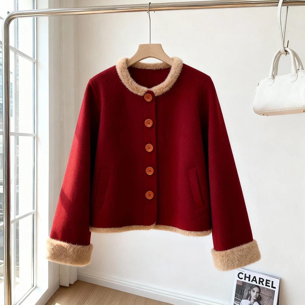 本命年新年红色毛呢外套女2025冬季新中式国风气质高级感复古上衣