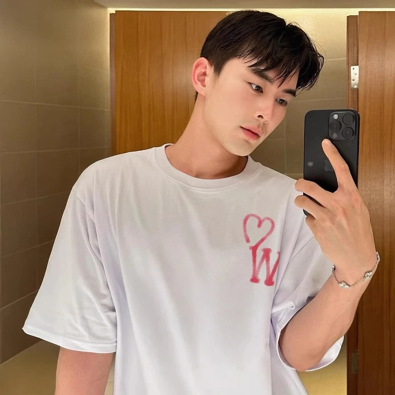 海外订单尾货~剪标撤回外贸爱心小众潮牌美式情侣短袖T恤男女纯棉