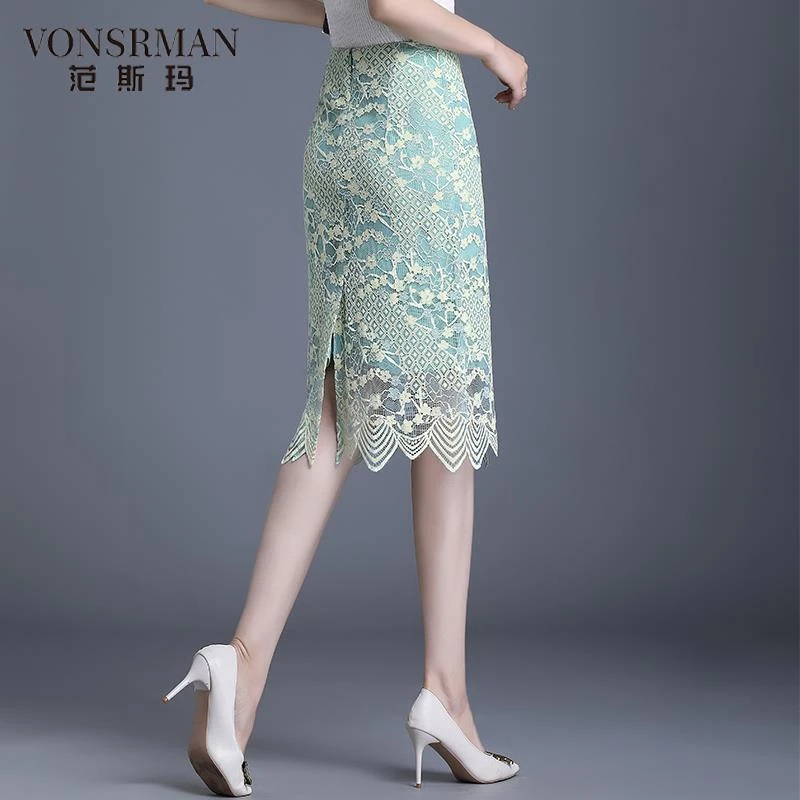 蕾丝半身裙女2025夏季新款高腰显瘦一步裙中长款镂空开叉包臀裙子