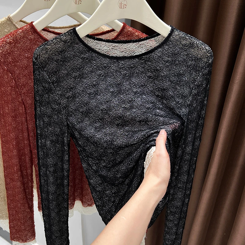 高级感镂空网纱长袖打底衫女圆领内搭撞色蕾丝衫春秋新款洋气上衣
